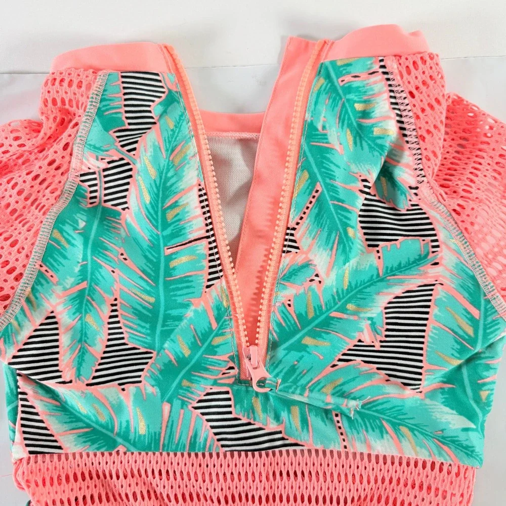 Girls Palm‎ Leaf One Piece Rash Guard Swimsuit Pink Mesh Green